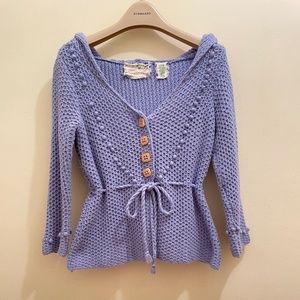 Anthropologie Sparrow blue purple Cardigan Sweater removable tie, Buttons, hood